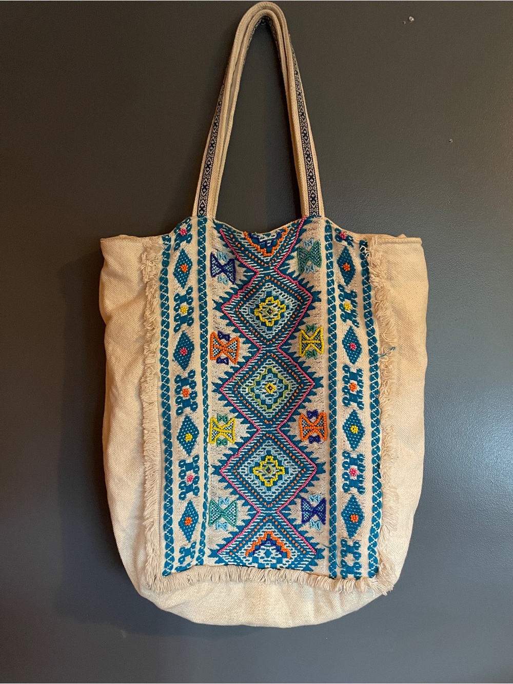 Love Stitch Cream Tote with Blue and Multicolor Embroidery